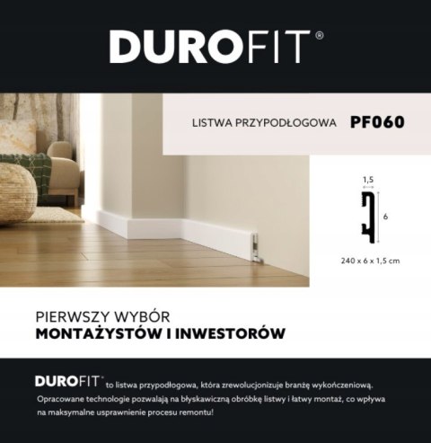 Listwa przypodłogowa PF060 biała RAL9003 wysokość 6cm długość 240cm Durofit