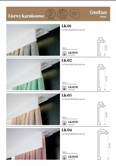 LK-01 CREATIVA długość 3m listwa karniszowa przysufitowa wysokość 10cm LED